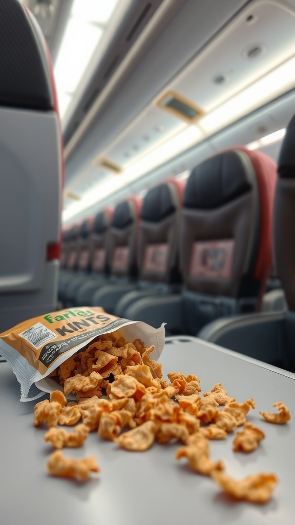 A bag of pork rind cracklings spilled on an airplane tray table.