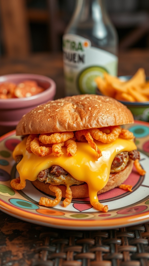 A sandwich filled with pork rinds and melted cheese on a colorful plate