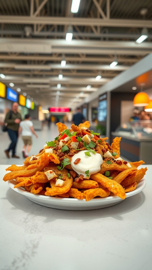 A plate of pork rind nachos topped with cheese, jalapeños, and sour cream at an airport.