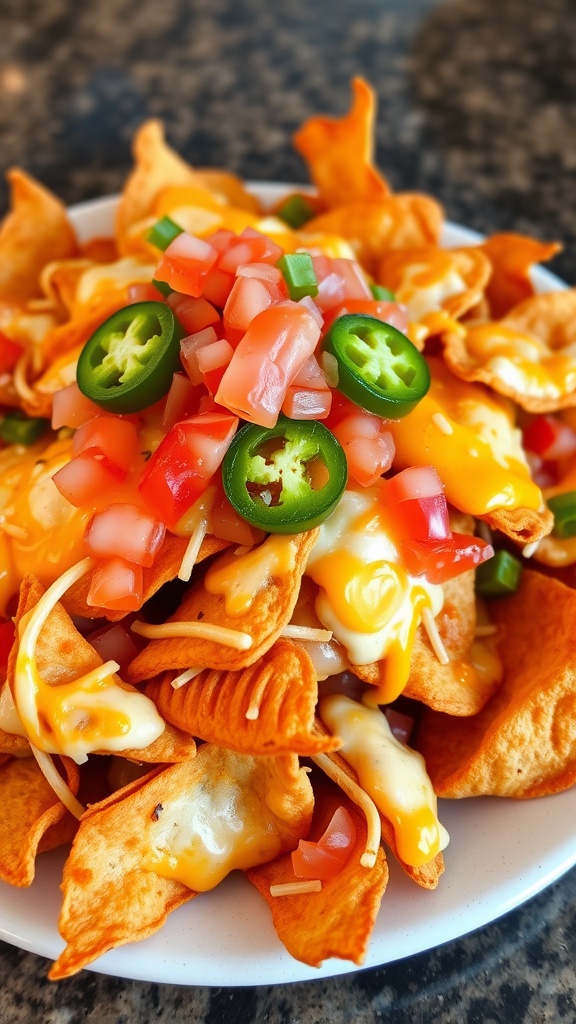 A plate of pork rind nachos topped with cheese, jalapeños, and vegetables.