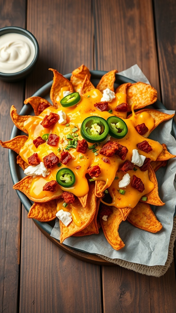 A plate of pork rind nachos topped with cheese, jalapeños, and sour cream.