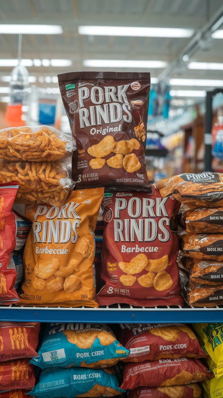 Shelves stocked with different flavors of Pork Rinds in colorful packaging.