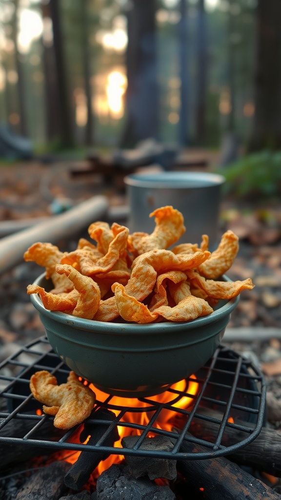 A bowl of golden pork rinds sitting on a grill over hot coals, with a forest backdrop.