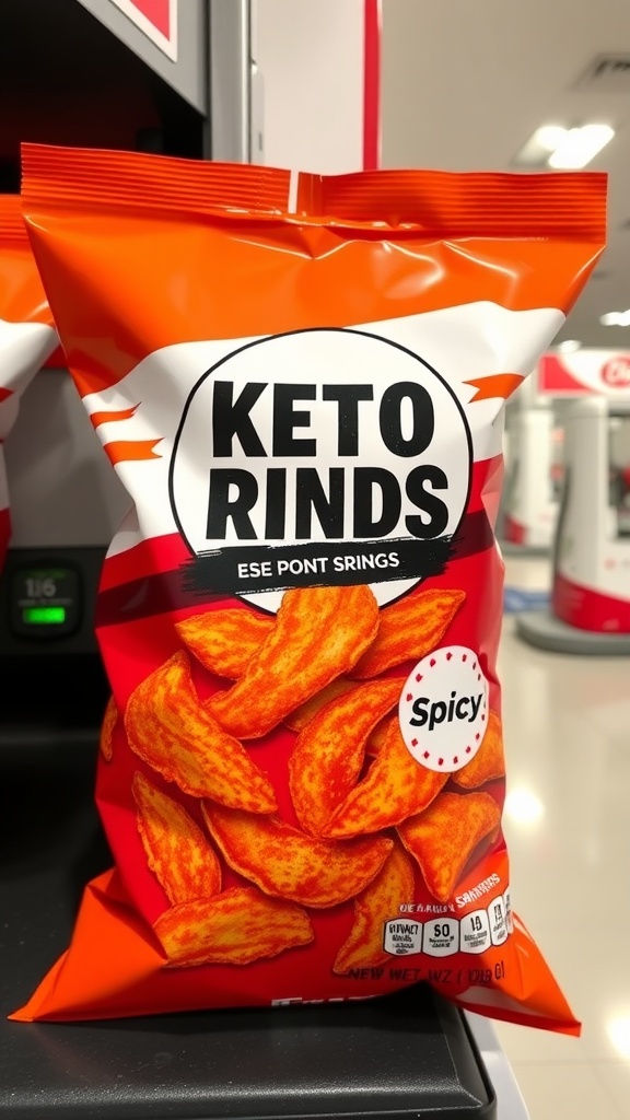 A bag of Keto-friendly spicy pork rinds displayed at a gas station.