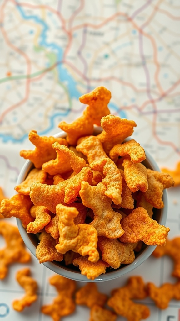 A bowl of pork rinds on a map background.