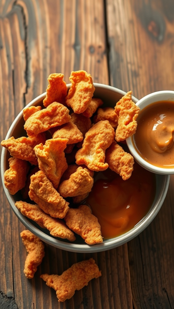 A bowl of crispy pork rinds with a small bowl of dipping sauce on a wooden table.