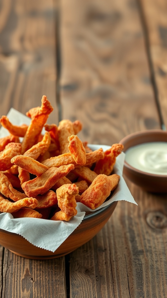 A bowl of crispy pork rinds with a side of dipping sauce on a wooden table.