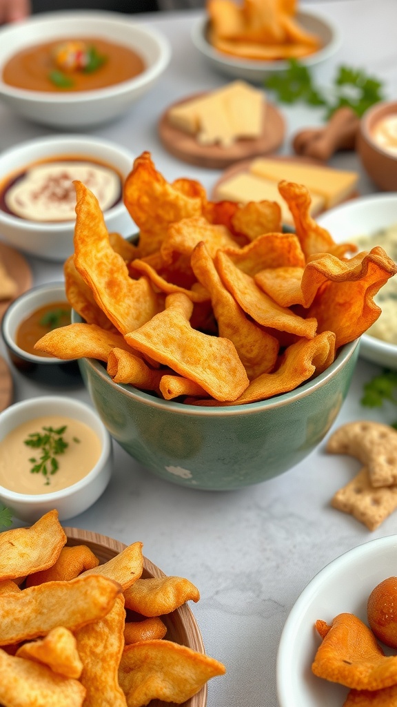 A bowl of crispy pork rinds surrounded by various dipping sauces.