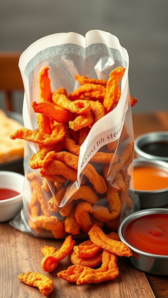 A bag of pork rinds with some loose on a wooden table, accompanied by dipping sauces.