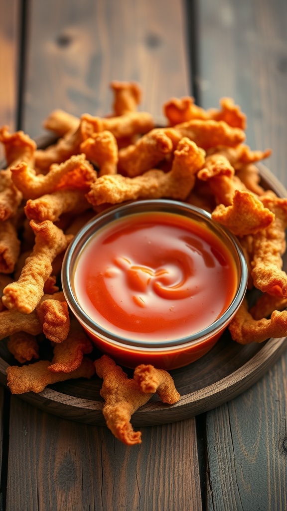 A plate of crispy pork rinds with a bowl of red dipping sauce.