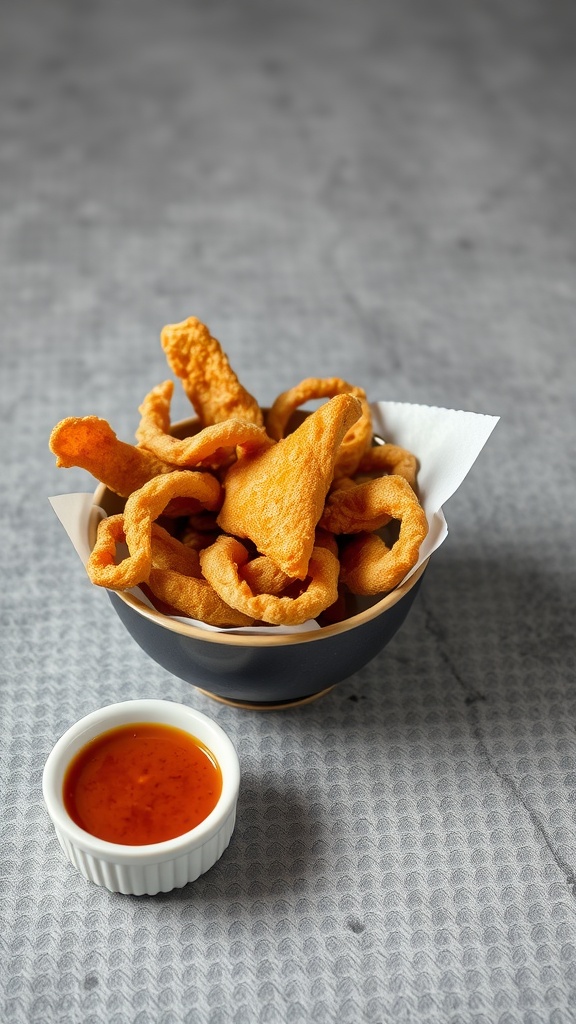 A bowl of crispy pork rinds next to a small dish of dipping sauce.