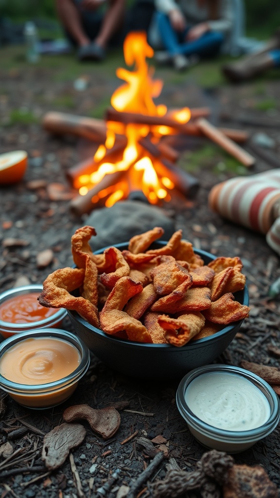 A bowl of pork rinds with various dips beside a campfire.