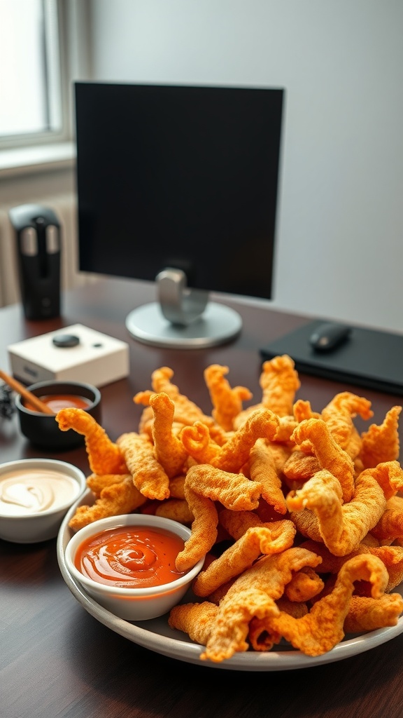 A platter of pork rinds with various dips on an office desk