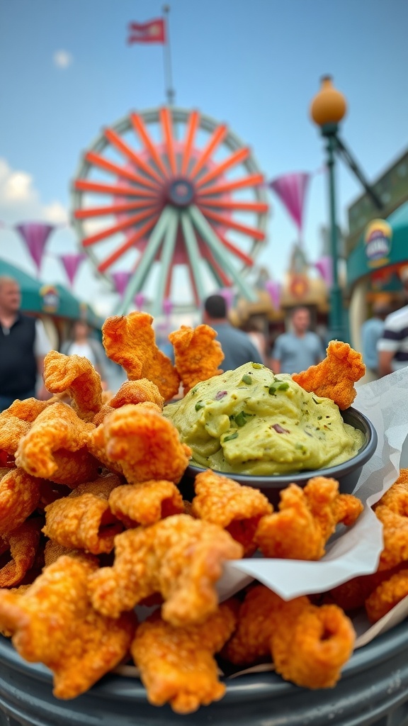 A bowl of pork rinds next to a bowl of guacamole, with a theme park background featuring a large Ferris wheel.