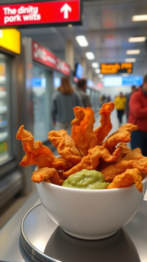 A bowl of pork rinds with guacamole in an airport terminal.