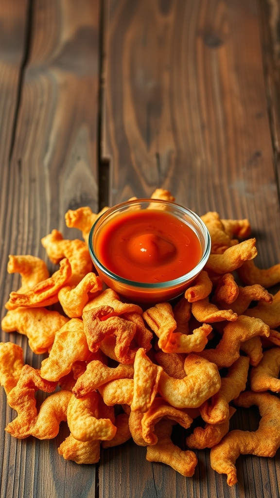 A pile of pork rinds with a bowl of hot sauce on a wooden surface.