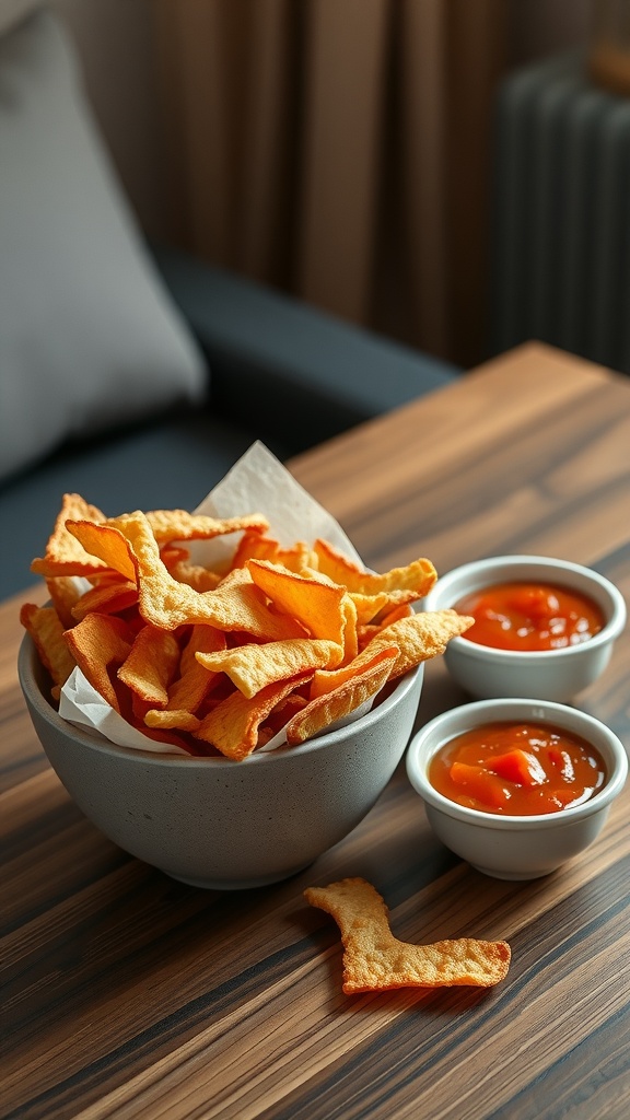 A bowl of crunchy pork rinds next to two small bowls of salsa on a wooden table.