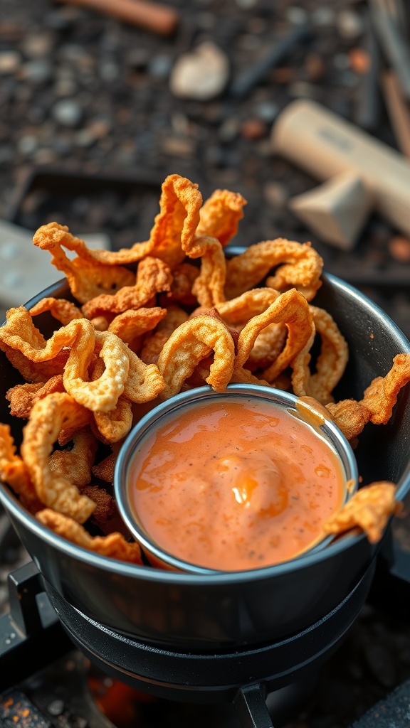 A container of crunchy pork rinds with a spicy dip.