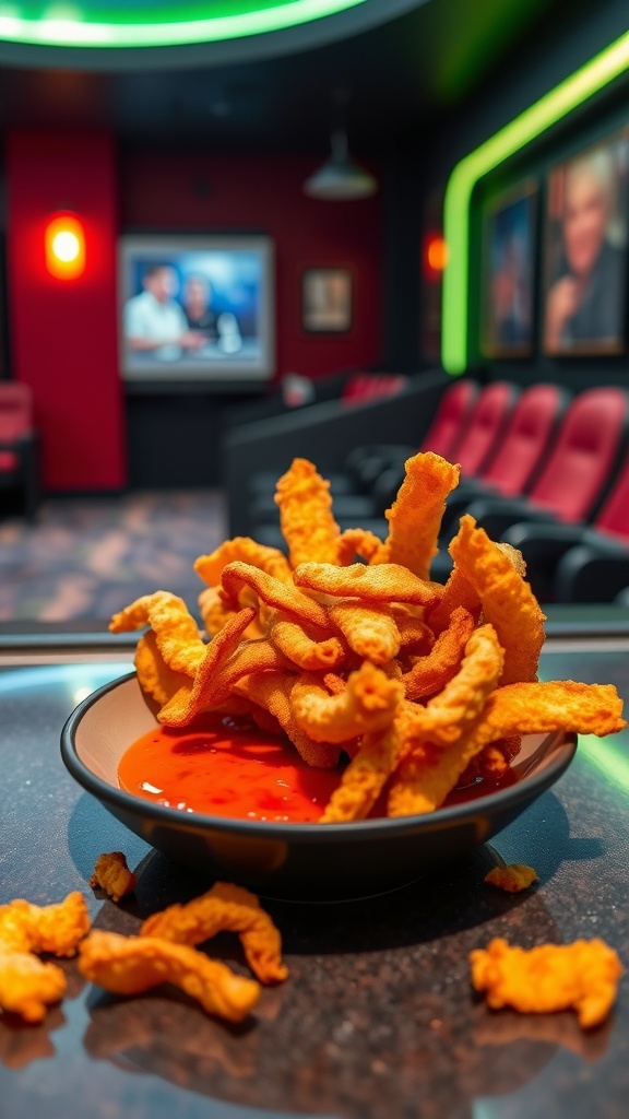 A bowl of pork rinds with a spicy dip, set against a cozy viewing area