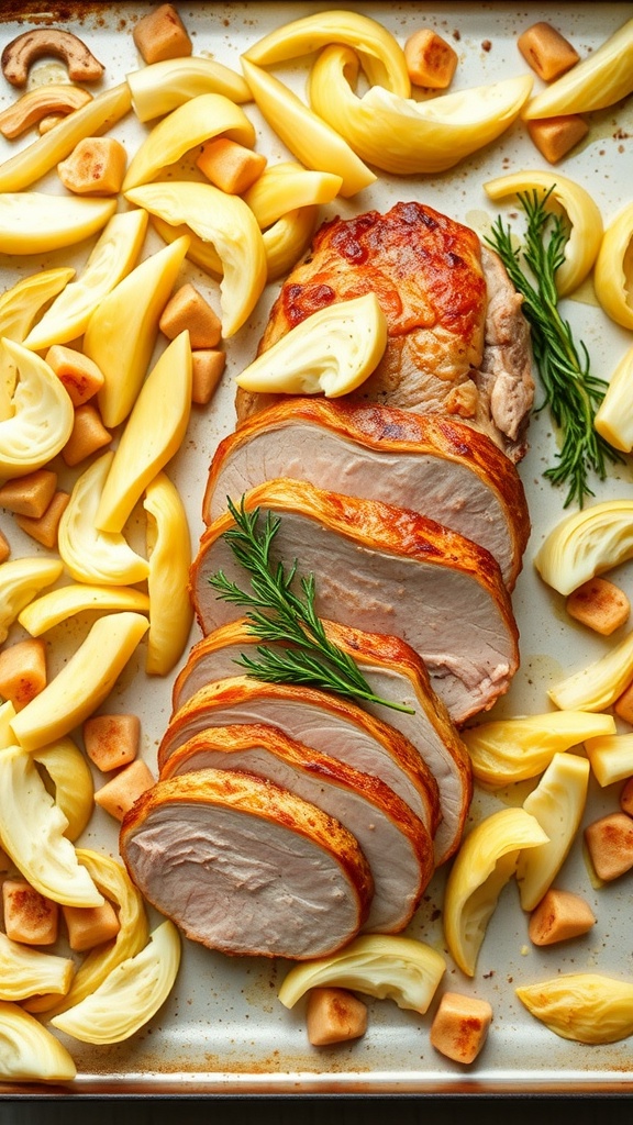 Sheet pan dinner featuring sliced pork tenderloin with cabbage and garnished with herbs.