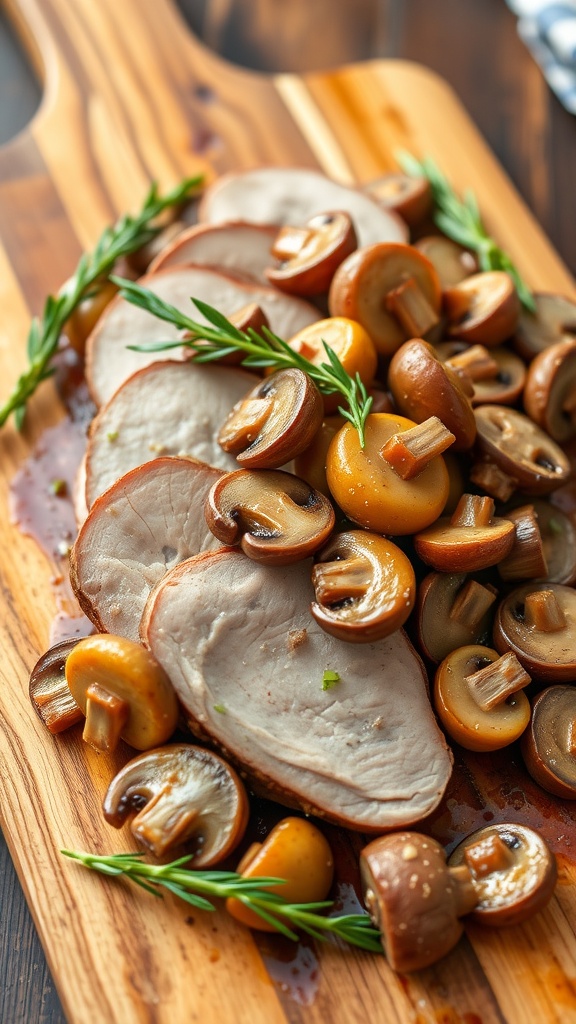 Sliced pork tenderloin with garlic mushrooms and green beans on a wooden cutting board.