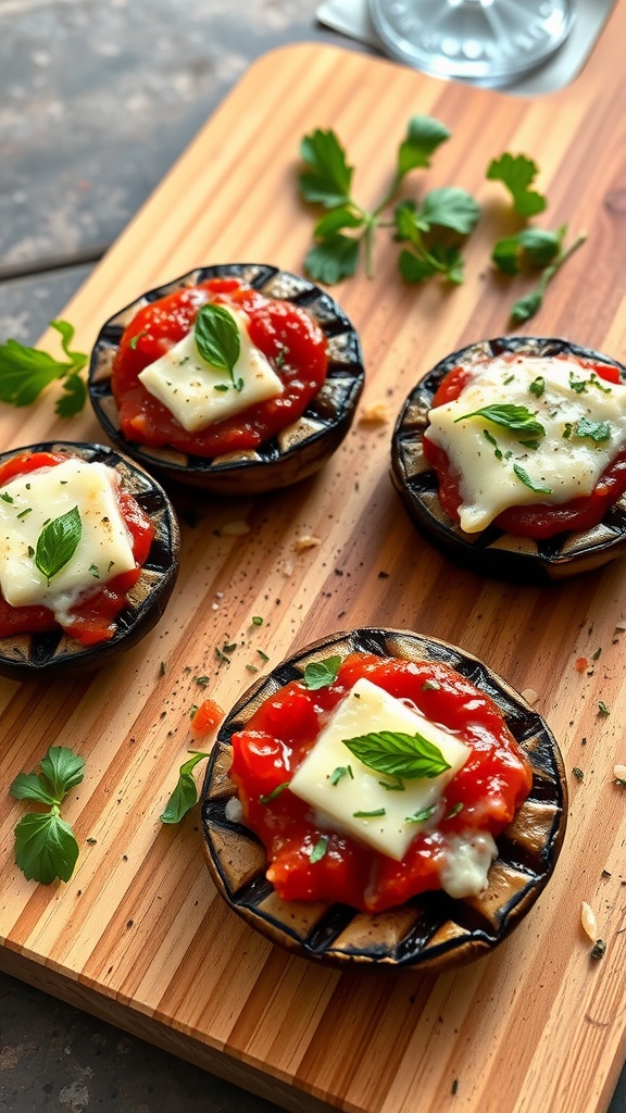 Four portobello mushroom pizzas topped with tomato sauce and cheese on a wooden board.