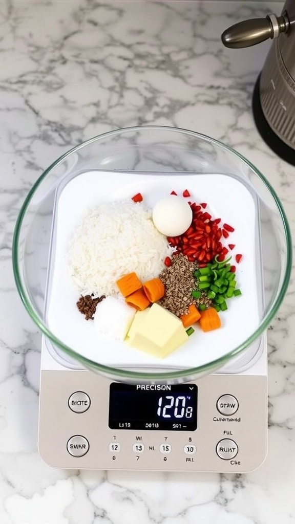 A precision digital kitchen scale displaying various food ingredients, including vegetables, an egg, and cheese.