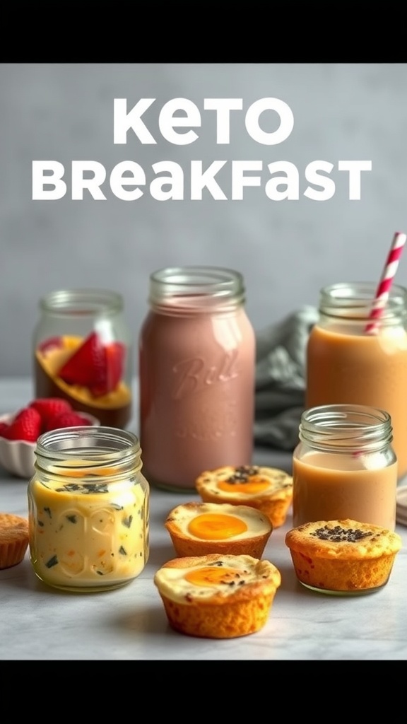 Assorted keto breakfast options including egg muffins and smoothies in jars.