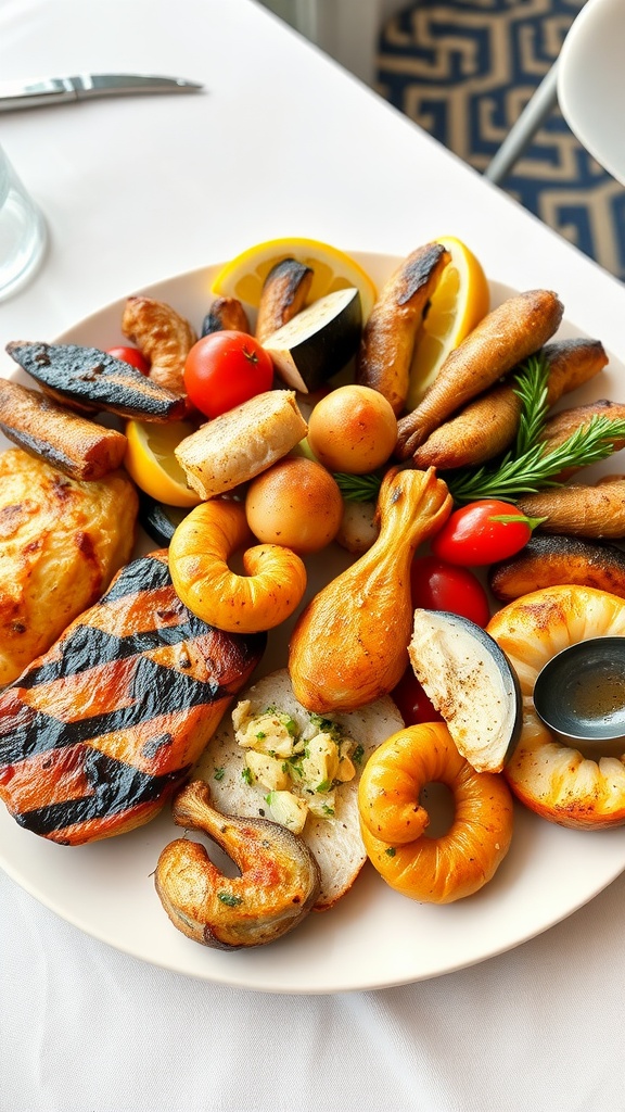 A plate filled with various protein-rich dishes including grilled meats, seafood, and vegetables.