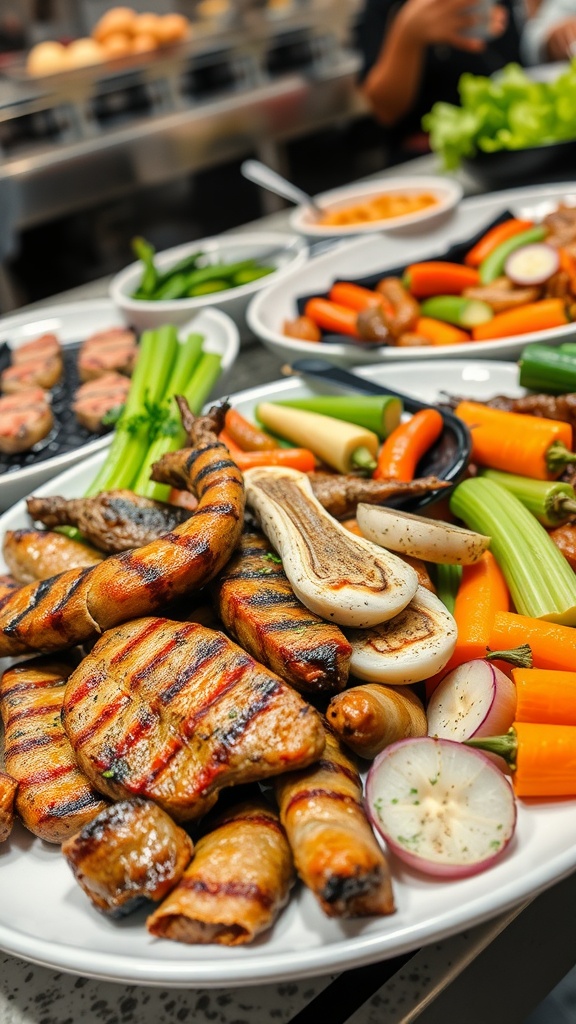 A selection of grilled meats and colorful vegetables on a buffet table.