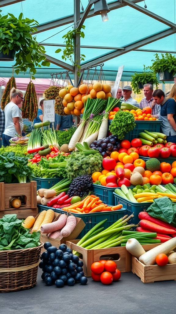 A vibrant display of fresh fruits and vegetables at a market.
