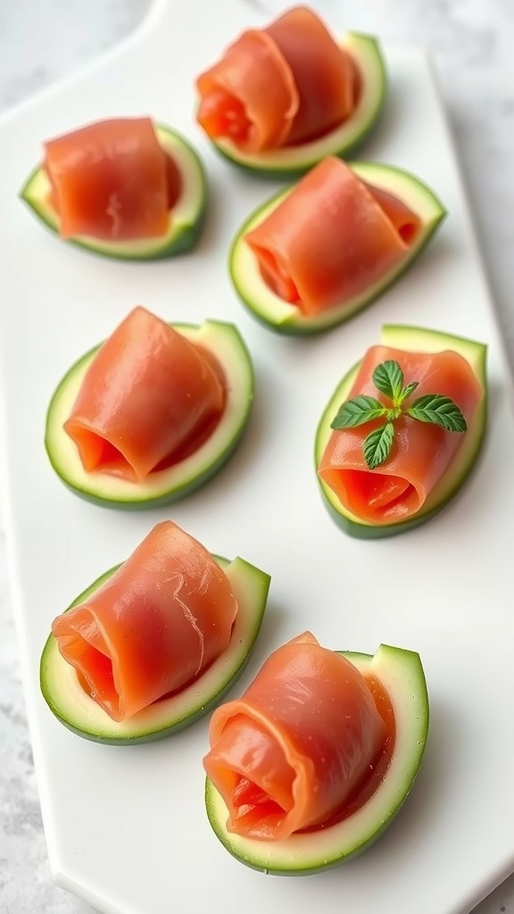 A platter of prosciutto-wrapped melon bites arranged on a white plate.