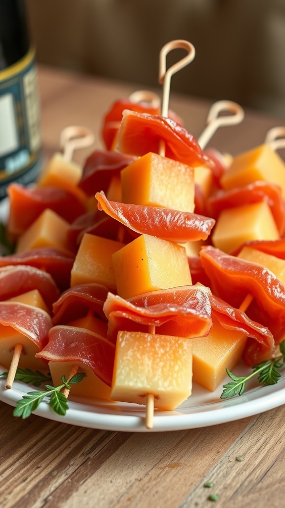 A plate of prosciutto and melon skewers, featuring cubes of melon and slices of prosciutto stacked on wooden sticks.