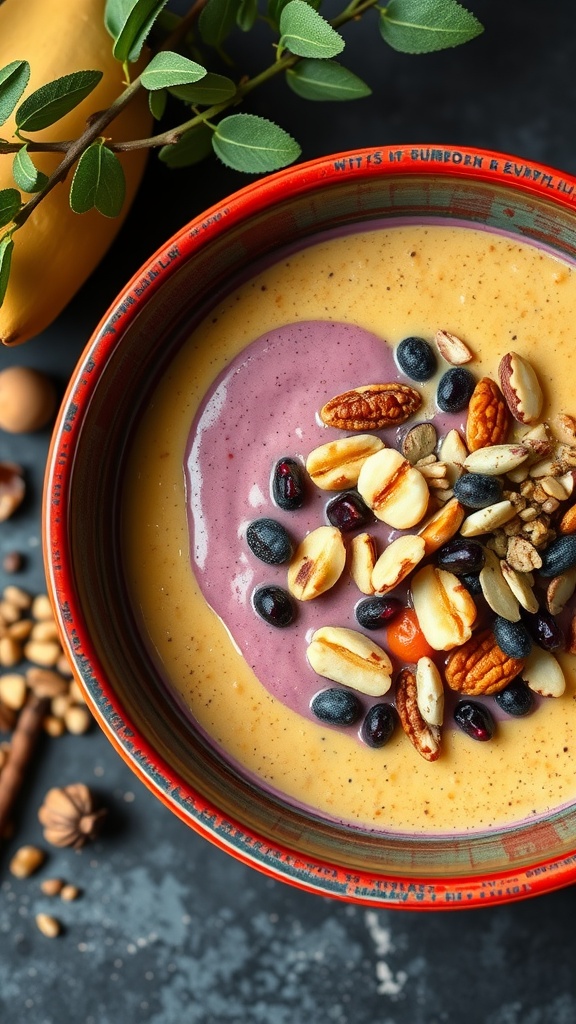 A vibrant smoothie bowl topped with nuts and seeds, showcasing a mix of colors and textures.