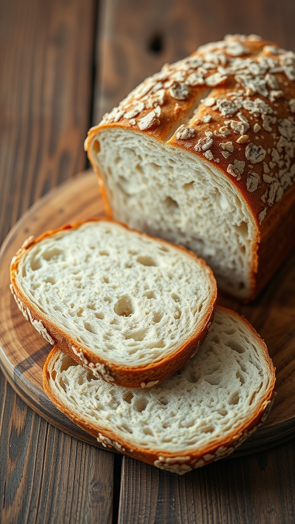 Sliced psyllium husk bread on a wooden board