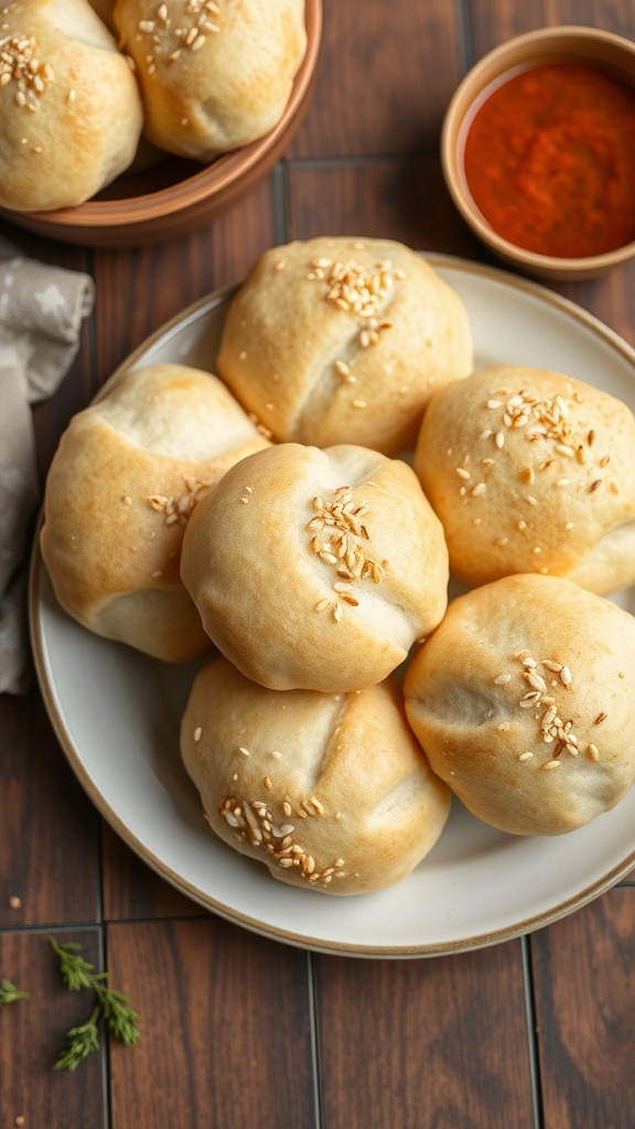A plate of golden-brown psyllium husk bread rolls topped with sesame seeds, served with a small bowl of dipping sauce.