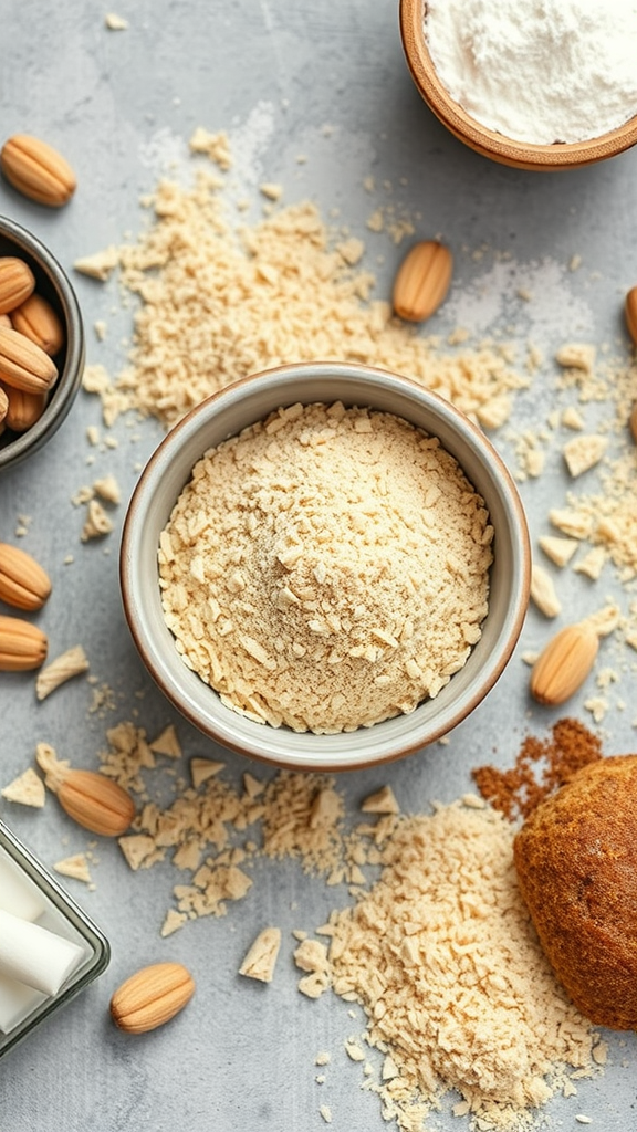 Bowl of psyllium husk with keto baking ingredients in the background.