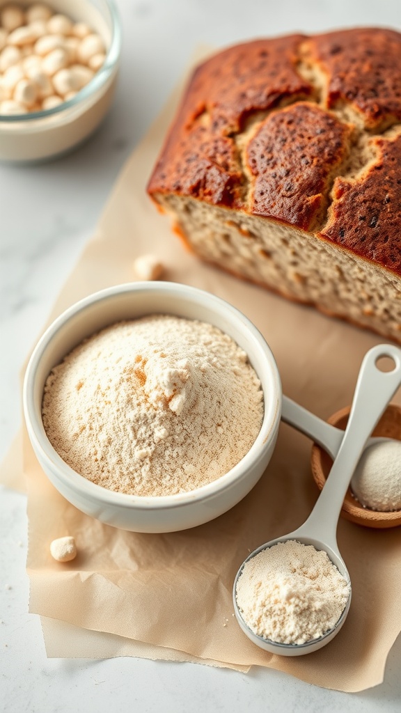 A bowl of psyllium husk next to a loaf of keto bread with chocolate chips.