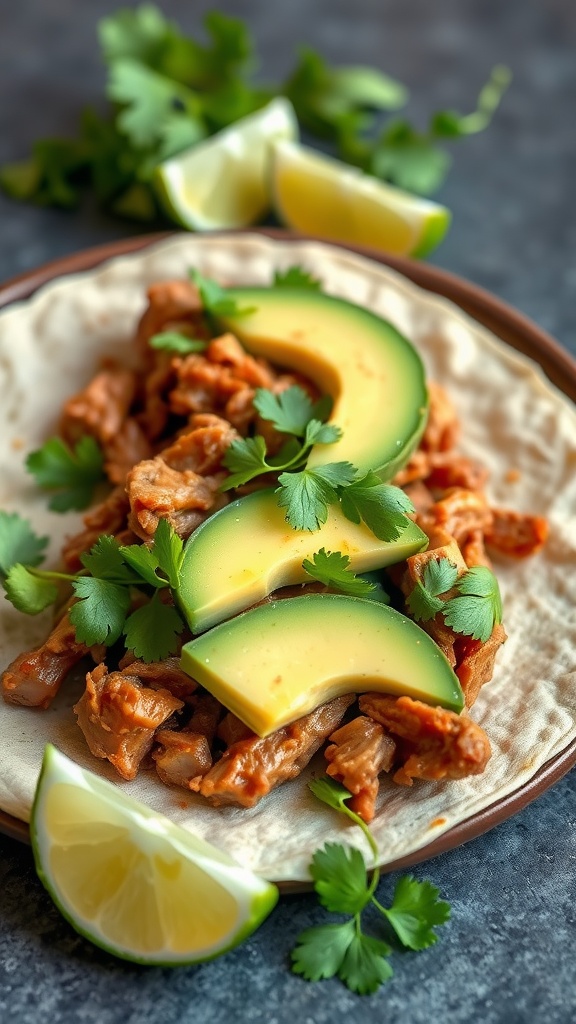 A pulled pork avocado wrap with lime and cilantro on a plate.