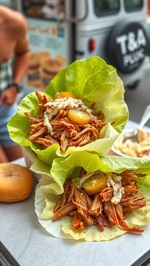 Pulled pork served in lettuce wraps with lemon slices