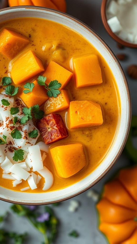 Bowl of pumpkin and coconut curry topped with coconut flakes and herbs