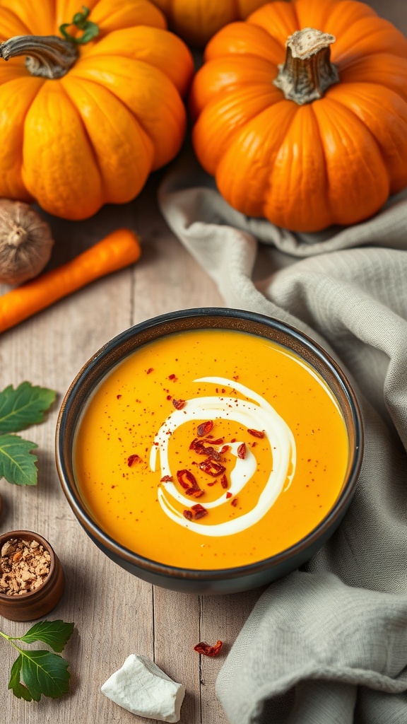 A bowl of pumpkin and coconut curry soup topped with cream and chili flakes, surrounded by pumpkins and ingredients.