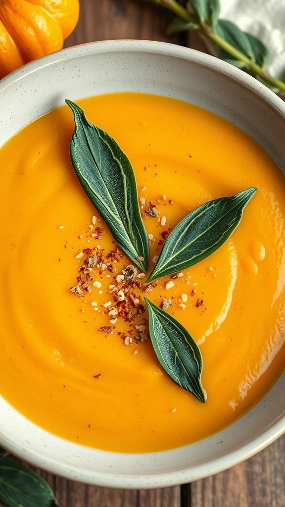 A bowl of pumpkin and sage soup garnished with sage leaves and a swirl of cream, surrounded by decorative pumpkins.