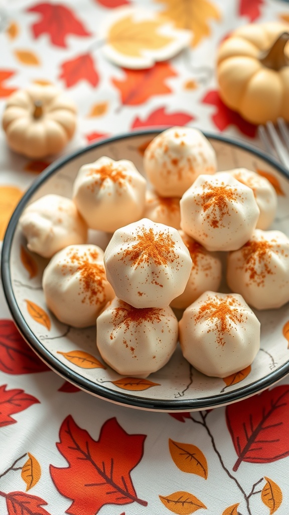 A plate of pumpkin cheesecake fat bombs dusted with pumpkin spice against a fall-themed background.