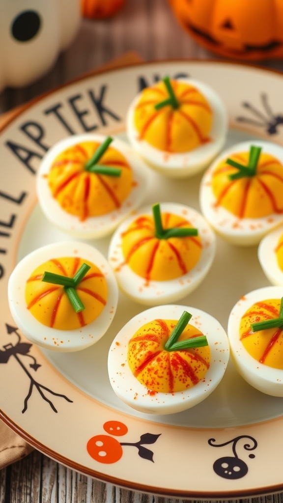 A plate of pumpkin-shaped deviled eggs decorated with paprika and green onion stems, surrounded by Halloween decor.