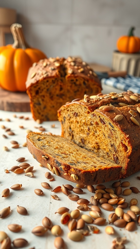 A loaf of pumpkin seed bread sliced, showcasing its texture and topped with pumpkin seeds, with scattered pumpkin seeds around it.