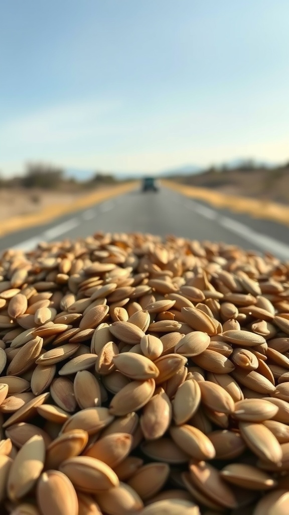 A close-up of pumpkin seeds on a road, symbolizing a healthy road trip snack.