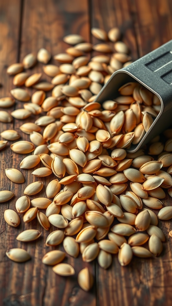 A scoop of pumpkin seeds scattered on a wooden surface.