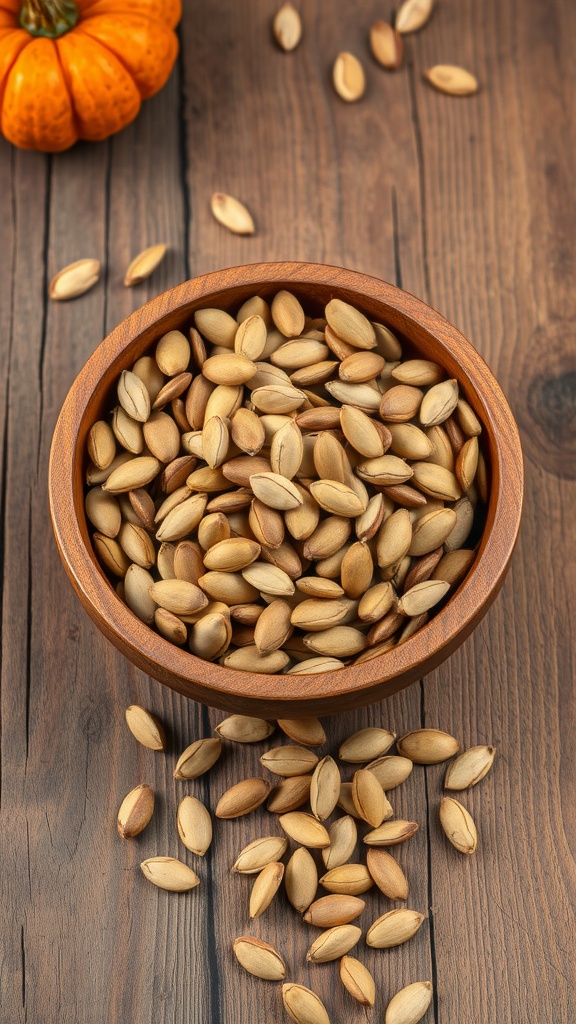 A bowl of pumpkin seeds on a wooden table with a small pumpkin beside it.