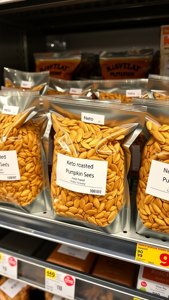 Packages of keto-friendly pumpkin seeds on a store shelf